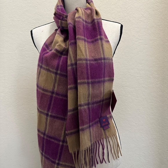 Phenix  Plaid Wool Scarf  Fringe Purple & Tan - Picture 2 of 5
